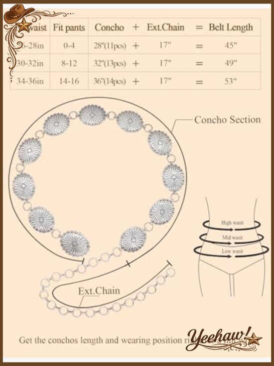 Western Metal Concho Belt for Women Cowgirl Chain Belt for Dresses Jeans